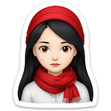 A girl with long black hair, wearing a red scarf, black eyes, and a white shirt. sticker