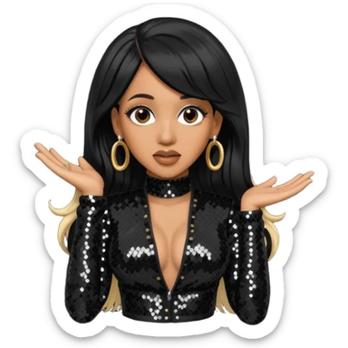 Cardi B with long jet black hair, black sequin outfit sticker