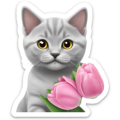 lilac british shorthair kitten holding pink tulips sticker