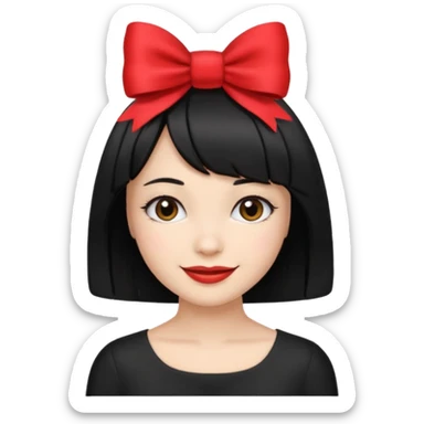 ["Fair skin female, black bob haircut, red bow clip at crown."] sticker