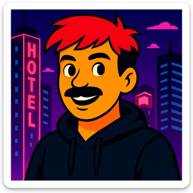 Make the face slightly less round, reduce the mustache a bit, and add a black hoodie. Keep the vibrant toon style, neon city background, and all original colors and lighting. sticker