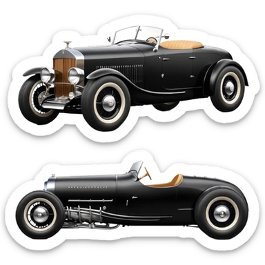 Batgirl’s black Bare bones modified (fenders removed) chopped streamlined sporty roadster (stripped down) hot street rodded engine sports car 1932 Rolls Royce Woody futuristic  wide racing wheels that are held strong by advanced suspension and steering sticker