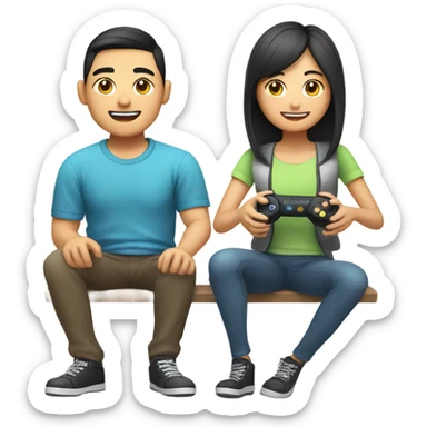 Cute Asian Couple sitting together and having fun playing video games sticker