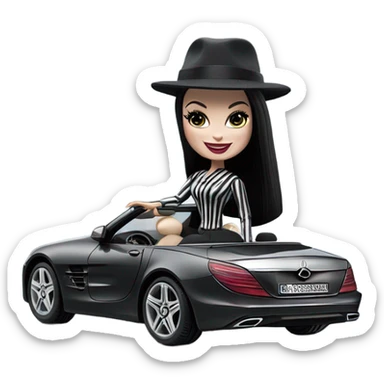 Morticia Addams Barbie, 1910 Morticia Addams from academy, in dark-gray and black striped outfit with hat. Smiling Driving Mercedes convertible sports car. Pale-white porcelain skin.  sticker