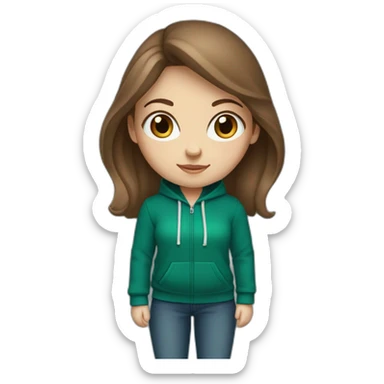 White girl with middle long brown hair and blue eyes wearing a darkgreen hoodie  sticker