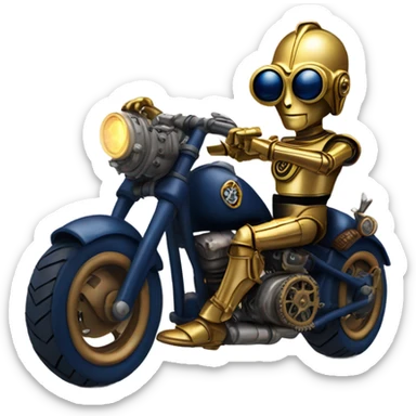 C-3PO wearing a pair of navy-blue heart shaped sunglasses riding a steampunk motorcycle on ice  sticker