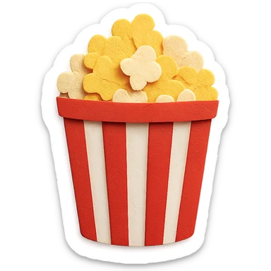 red and white striped movie theater popcorn bucket with buttered popcorn sticker