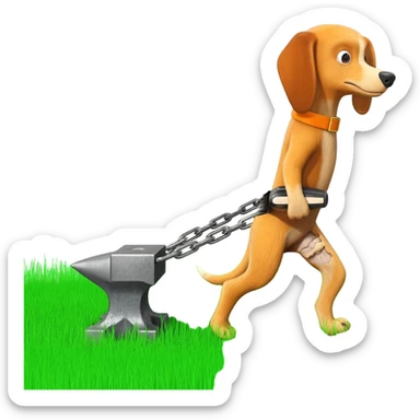 Pack hound standing on green grass pulling an anvil that has an electric shaver under anvil  show the lower cut grass path behind anvil.showing a shaven  path along green grass by leads or chains. Show the shaver cutting the grass sticker