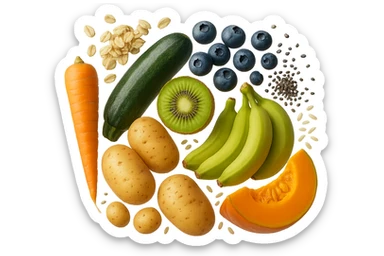 carota, fiocchi di avena, zucchine, kiwi, mirtilli, semi di chia, patate, banane acerbe, zucca, riso fluttuano in aria verticalmente, iperrealistici 4k sticker