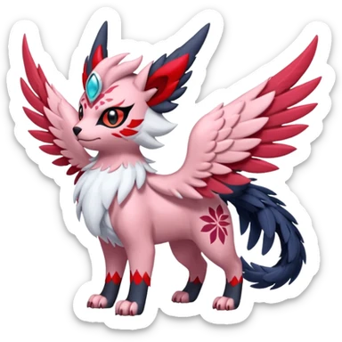 Floral feathery pastel pink and ruby-jewelry-adorned Absol-Litten-Amaura-fusion-Fakemon-animal-creature  sticker