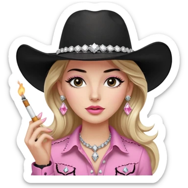 White girl, extra thick and long black eyelashes, black cowboy hate with hat band sparkling, long light brown straight hair, pink and black western shirt, smoking a cigarette,  big white diamond stud earrings, diva vibes sticker