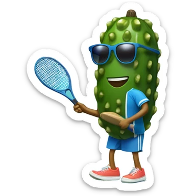 pickle holding a paddle ball racket, blue backgound, wearing sunglasses sticker