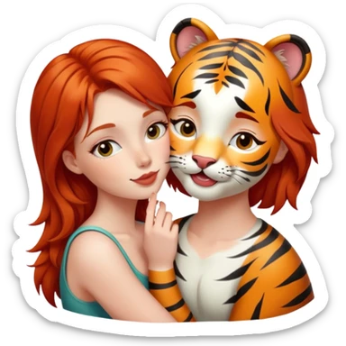 redhead girl kissing happy tiger sticker