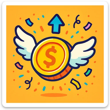 coin with wings and confetti, flying upward, representing a weekly bonus, vibrant playful style sticker