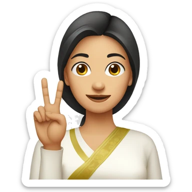 A lady with white kurti showing three fingers in one hand sticker