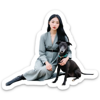 A very beautiful and attractive 25-year-old Chinese woman with long flowing black hair and a SOLID DARK GREY whippet sitting together on a beach during a beautiful sunset. The whippet MUST be COMPLETELY SOLID DARK GREY with ABSOLUTELY NO WHITE MARKINGS ANYWHERE - no white chest, no white face, no white paws, no white tip on tail - ENTIRELY ONE SOLID DARK GREY COLOR throughout the entire dog. Orange and red sunset sky over the ocean, sandy beach in the foreground. sticker