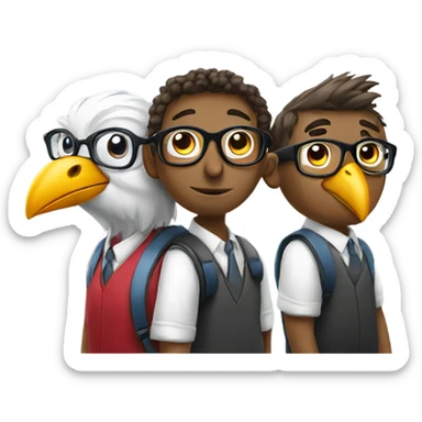 three birds in a school studying but only one of them is learning and wearing glasses sticker
