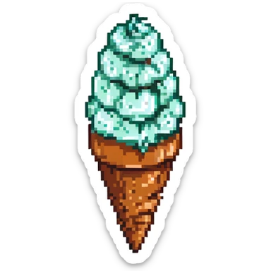 mint ice cream cone, brown cone, light green ice cream scoop, small mint details, pixel art style sticker