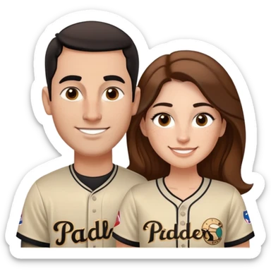 *White* couple smiling. Woman has big cheeks and a lot of freckles on the nose. long brown hair. Man has black and very short hair and prominent eyebrows with egipcian nose. Both are wearing “Los Padres” baseball new 2025 jearsey. Accurate jersey.  sticker