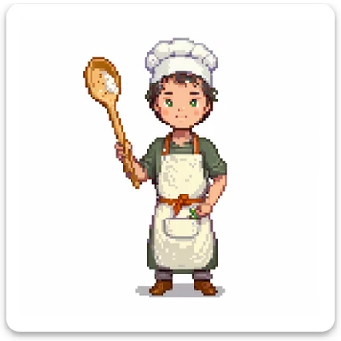 Portrait of a young baker with a simple cloth apron, flour on his hands and cheeks, holding a wooden spoon, skeuomorphism style sticker