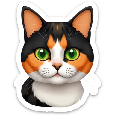 American shorthair calico cat with big green eyes and black fur on the right side of their face and orange on the left side sitting down sticker