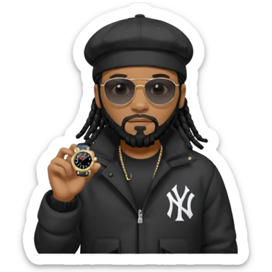 African American man with shoulder length black dreadlocks with black beard wearing black sunglasses wearing a black bubble winter coat and a New York Yankees baseball cap looking at watch sticker