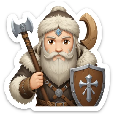 Russian pagan warrior with fur clothing, axe, shield with Slavic symbols, long beard sticker