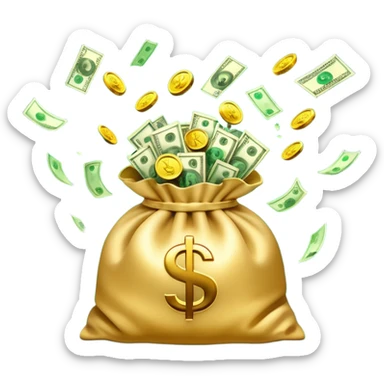 

3D emoji style, big bag of money, flying dollar bills, rich casino vibe, smooth lighting, high detail, clean edges, transparent background



 sticker