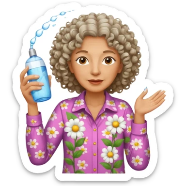 Older female florist – curly hair, spraying water on fresh flowers sticker