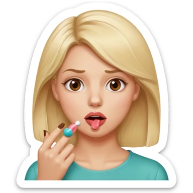 👁️🫦👁️💁🏼‍♀️ aguicheuse. elle se mord le coin de la lèvres. Elle est blonde. Ongles vernis marrons. Elle mâche un chewing-gum  sticker