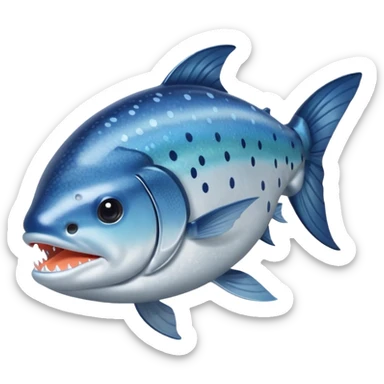 whole raw salmon, long streamlined body, shiny silver-blue skin speckled with dark spots along top and sides, pale slightly iridescent belly, fins and tail intact, mouth slightly open, visible eye, no board or garnish, soft lighting, subtle shadows, emoji scale sticker