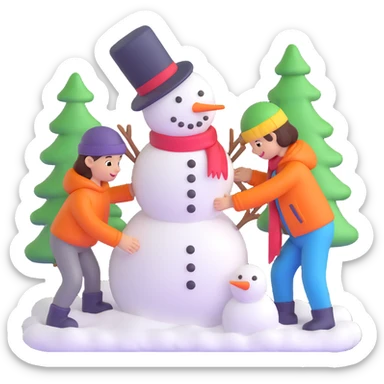 kids building a snowman, playful and bright sticker