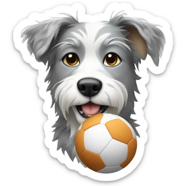 Grey and white scruffy spotted dog holding a football sticker