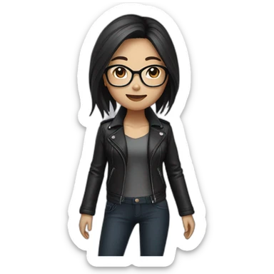 Asian girl in glasses and leather jacket whith dark long hair sticker