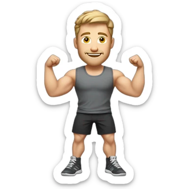 Full height Actively gesturing with hands Pale skinned Fit Man With the biceps, Bristle and light brown hair in dark gray Sleeveless Mike, black oversize sports shorts and white Sneakers sticker