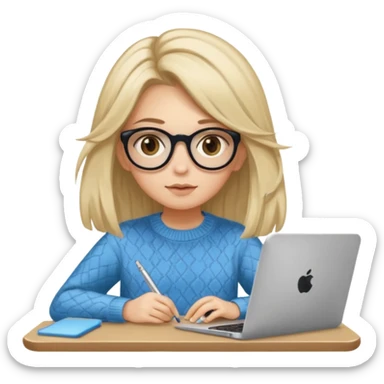 ragazza bionda con capelli molto lunghi, con occhiali tartarugati, occhi azzurri, con maglione beige, seduti alla scrivania che lavora al pc sticker