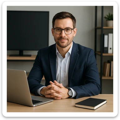 A 35-year-old male business coach sitting at a desk with a laptop, professional and modern style sticker