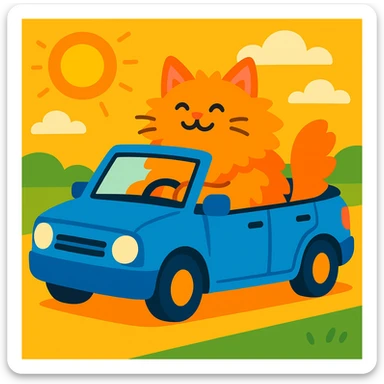 a fluffy cat sitting in a blue convertible, top down, sunny day sticker