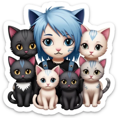 two emo cats in love with tattoos and cool hair, surrounded by five emo kittens sticker