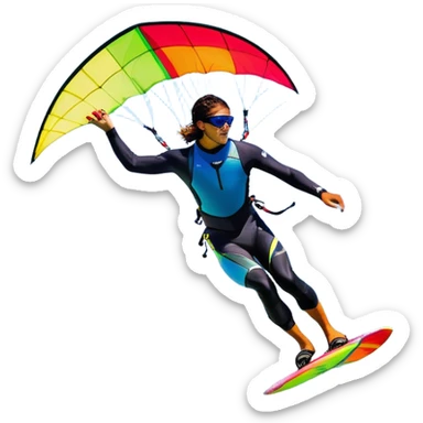 A vibrant kite soaring high in the sky, attached to a kiteboarder riding the waves below. The scene is filled with bright colors, capturing the energy of the sport. The background features the ocean, wind-blown waves, and a clear sky, showcasing the excitement and freedom of kiting. sticker