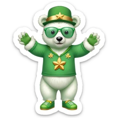 full body friendly anthropomorphised polar bear wearing oversized colorful star glasses, green hat, shamrock accessories, festive green shirt, green shoes, St. Patrick's Day sticker