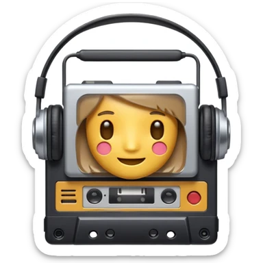 Classic Walkman emoji, Apple/WhatsApp style, front view, cassette window visible, wired headphones, soft gradients, cute proportions, no text, plain background. sticker
