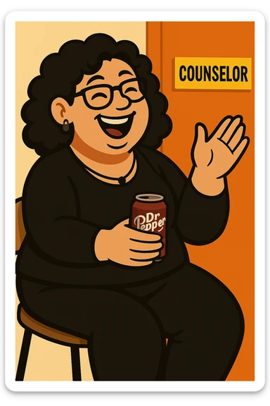 Add jewelry including earrings and a necklace, dress her in black clothes, and put a Dr Pepper soda in her hand. Keep her fun and approachable in the style of the original image. sticker