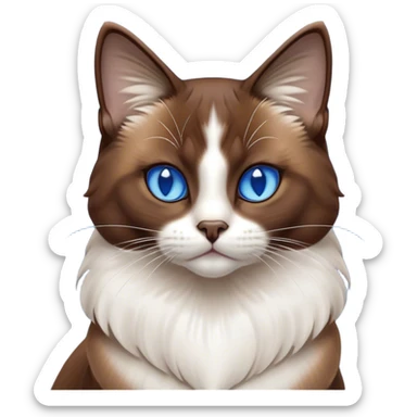 Cinematic Noble Brown Mantle Snowshoe Cat Portrait Emoji, Poised and regal, with sleek brown fur draping elegantly over its back like a mantle, contrasted by a crisp white chest, paws, and facial markings, piercing icy-blue eyes, Simplified yet sharp and sophisticated features, highly detailed, glowing with a soft, dignified glow, high shine, intelligent and graceful, stylized with an air of elegance, focused and attentive, soft glowing outline, capturing the essence of a watchful and refined feline, so majestic it feels as though it could glide across the screen with effortless confidence! sticker