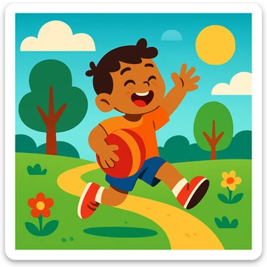 cheerful illustration of a kid playing outdoors in a bright and friendly park setting, showing joy and movement, child running or jumping with a ball or toy sticker