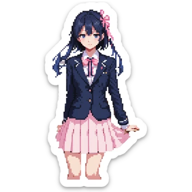 Japanese anime schoolgirl in a navy blazer, white blouse with pink ribbon, navy pleated skirt, standing in a classroom at sunset with orange glow and long shadows, one desk pulled out, black shoes, looking toward window, mood of absence and longing sticker