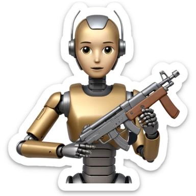 An AI humanoid robot looking smart and holding an AK-47 sticker
