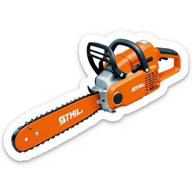 Kettensäge Stihl MS500i von der Seite, mit gut sichtbarem Stihl-Logo, orange-graue Farben, einfacher Emoji-Stil sticker