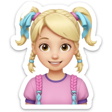 A playful blonde female cartoon character with wide, mischievous eyes, smiling, pigtail, dynamic pose suggesting movement, pastel colors, minimalistic and cute emoji style. sticker