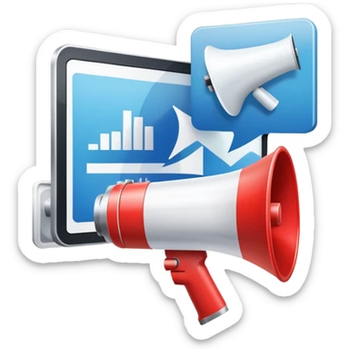 An icon featuring a megaphone, a billboard, and social media icons, symbolizing advertising and public relations. The design includes a press release and a rising graph, representing brand promotion and communication strategies. Transparent background highlights media influence and outreach. sticker